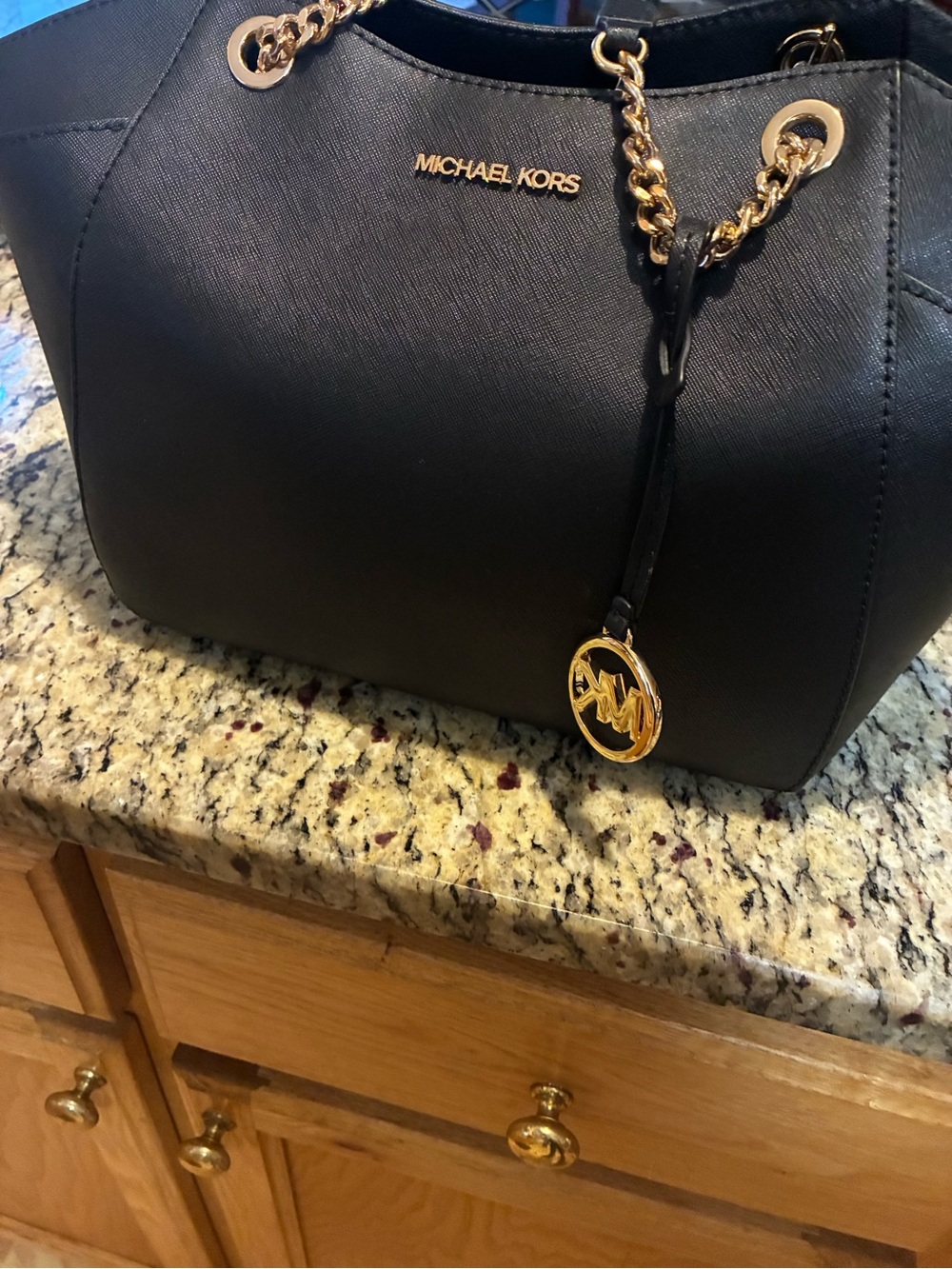 Michael Kors Black Saffiano Tote with Gold Chain Detail